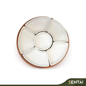 SENI PREMIUM ACACIA SERIES LAZY SUSAN WITH 6 CERAMIC PLATES