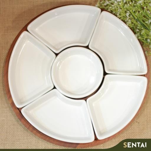 SENI PREMIUM ACACIA SERIES LAZY SUSAN WITH 6 CERAMIC PLATES - Image 2