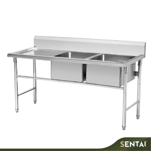 Stainless steel double bowl sink table for commercial kitchen washing and food preparation