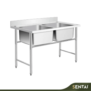 Stainless steel double bowl sink table for commercial kitchen washing and food preparation