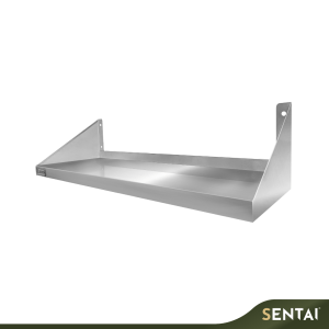 Inverted stainless steel wall shelf with raised edge for commercial kitchen storage