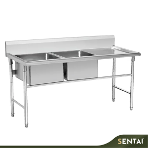 Stainless steel double bowl sink table for commercial kitchen washing and food preparation